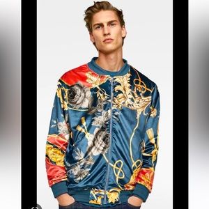 Zara men's velvet bomber jacket blue chain paisley retro 80s print hiphop🤩